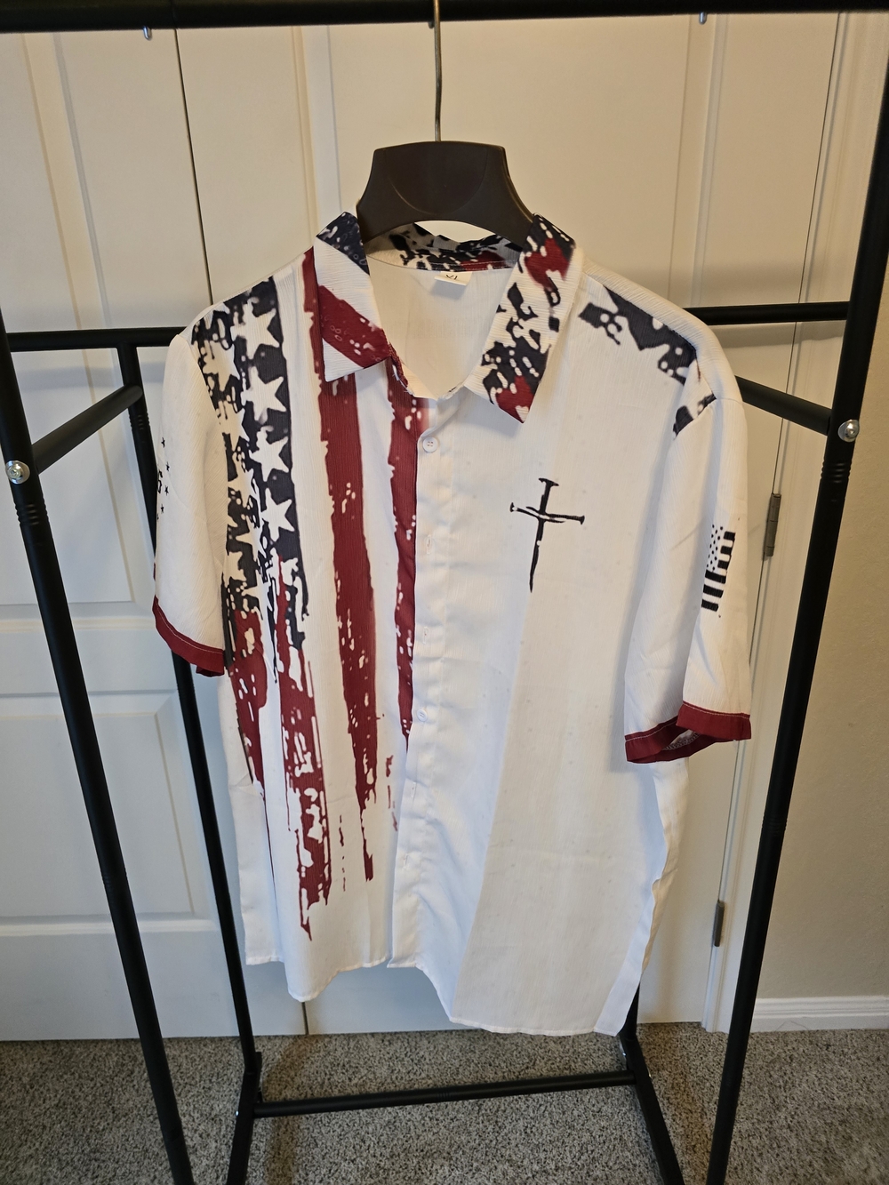 Men's White Short-Sleeve Button Shirt with Flag Print